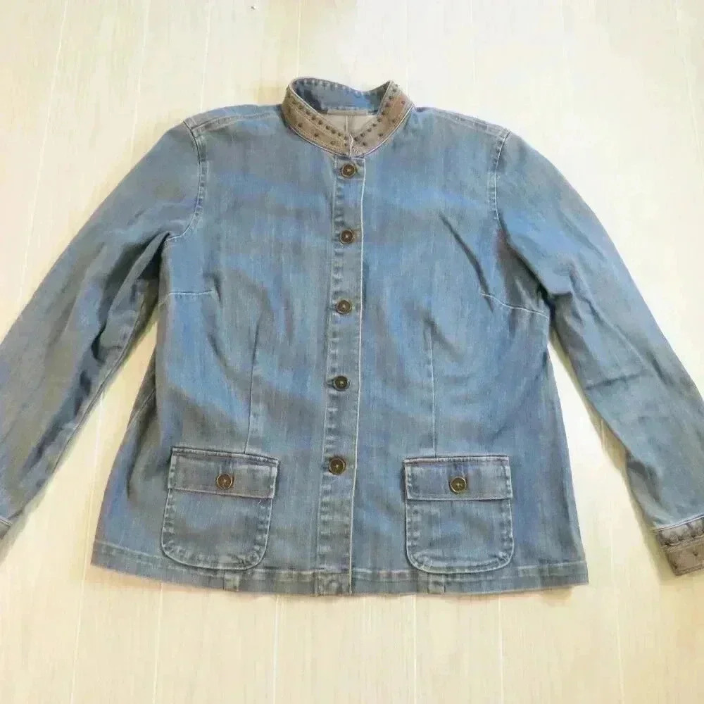 Kate Hill Denim Jean Jacket Poets Collar Size 16